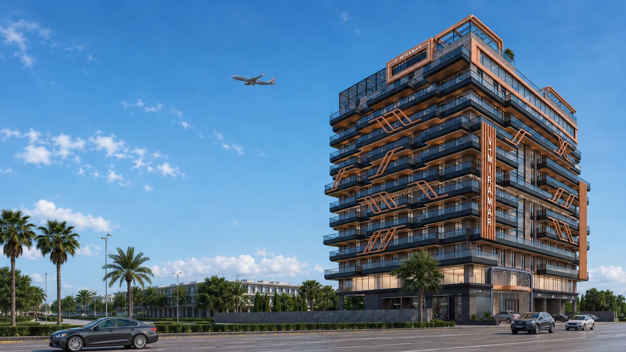 Daytime conceptual view of V-MIRAMAR in Airport, Accra, with an aircraft passing in the distance