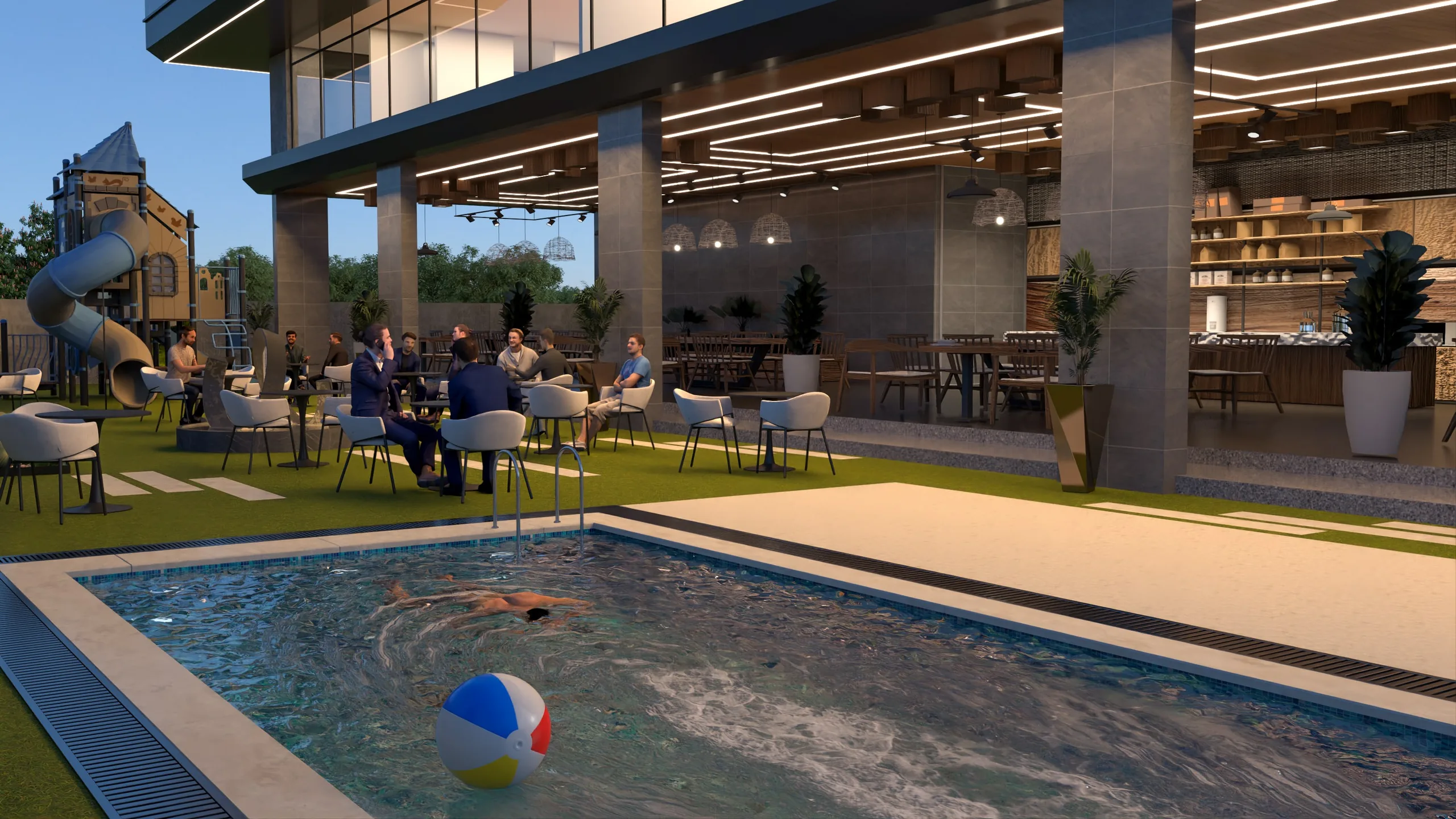 Landscaped pool and outdoor lounge at V-MIRAMAR