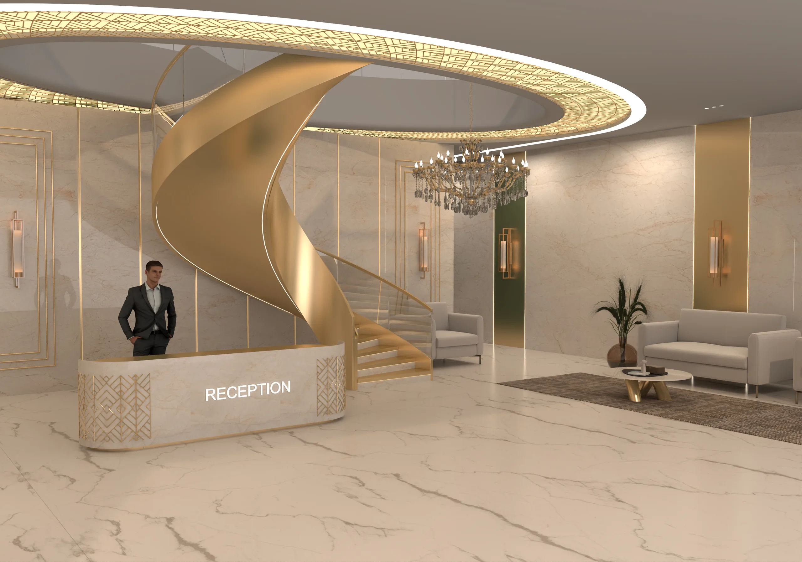 Sculptural staircase and arrival lobby at V-MIRAMAR