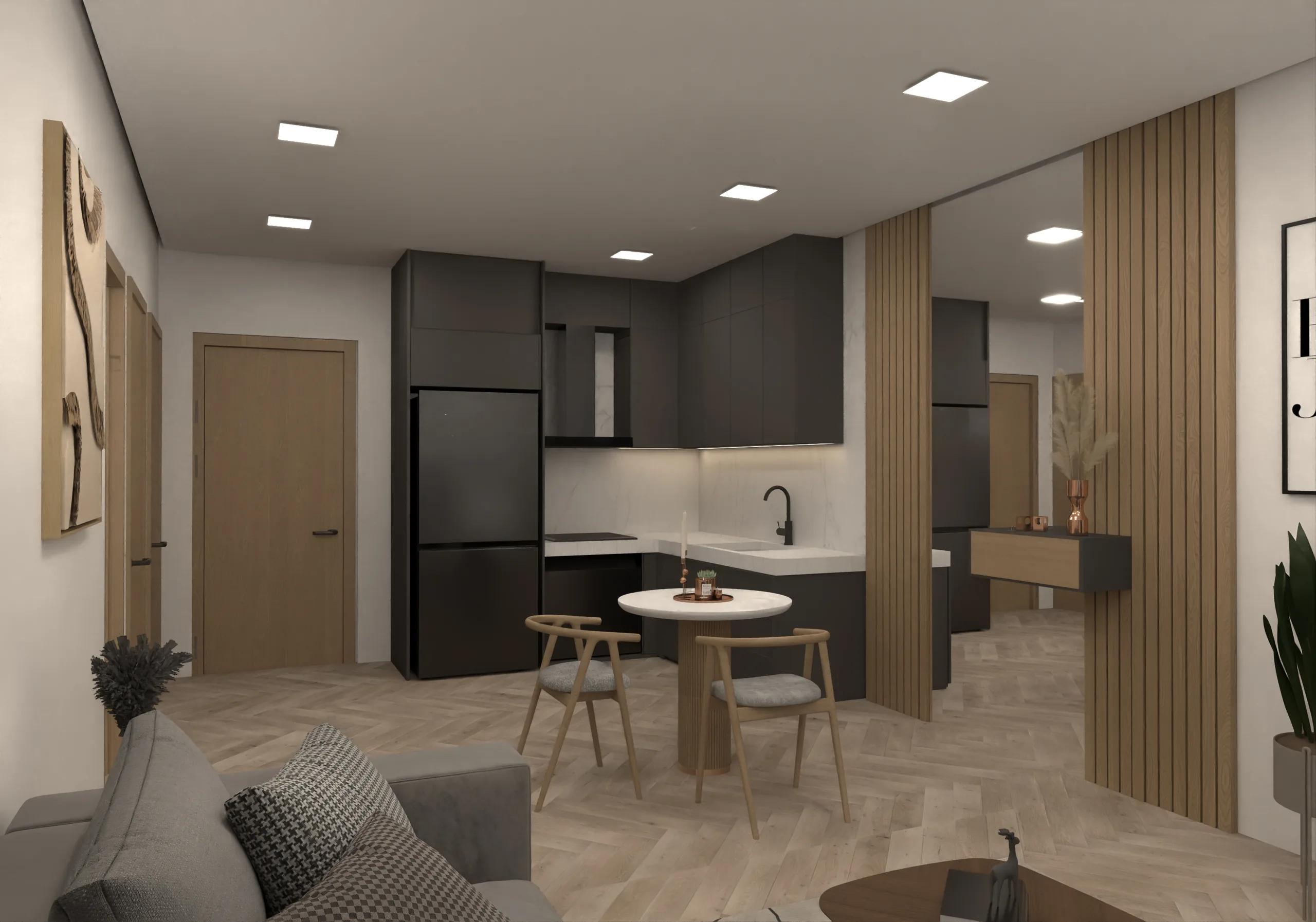 Conceptual open-plan kitchen and living area in a V-MIRAMAR one-bedroom residence