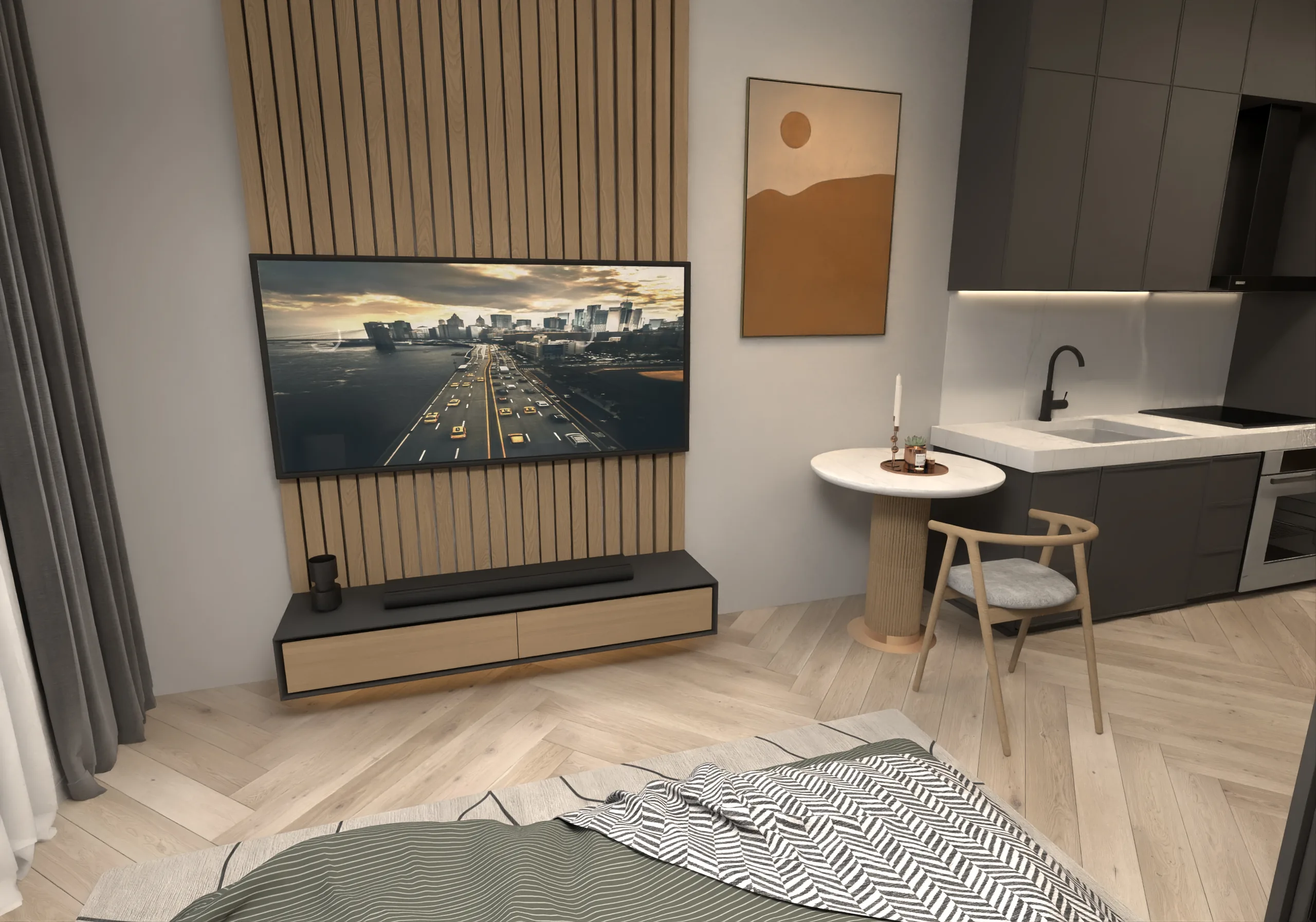 Conceptual studio living and dining space at V-MIRAMAR