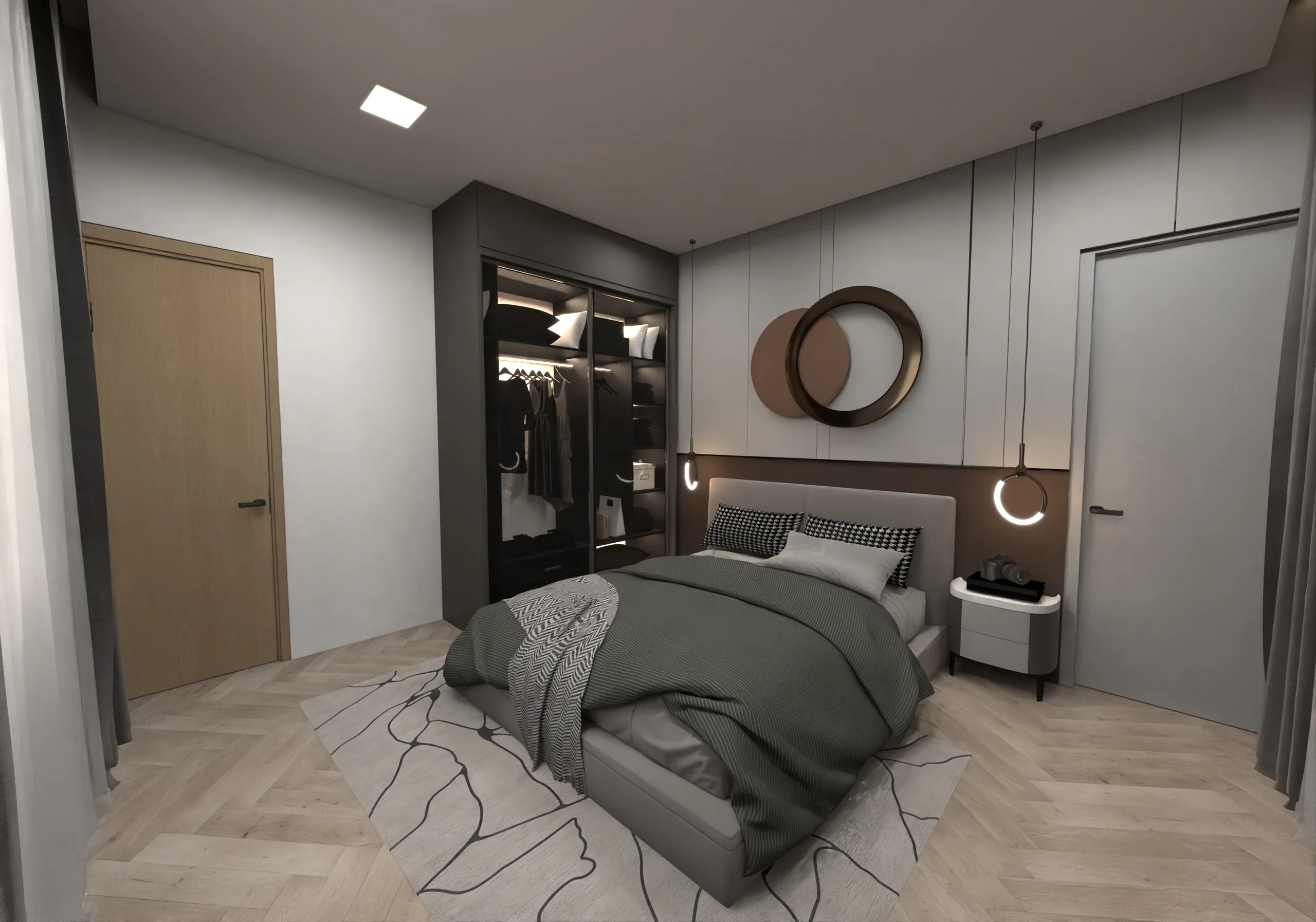 Conceptual two-bedroom living and dining interior at V-MIRAMAR